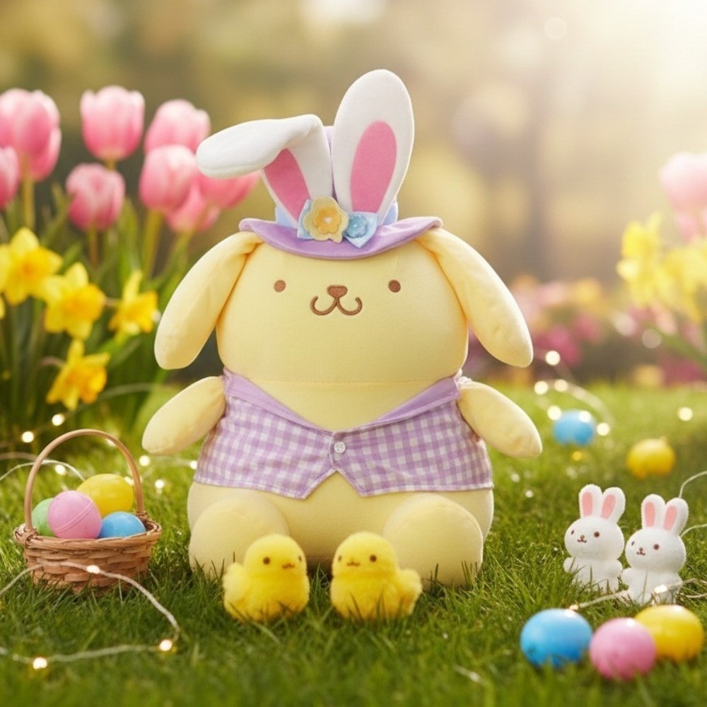 Sanrio Pompompurin 13.5" Easter Plush‎ Bunny Hat Purple Gingham Spring Kawaii